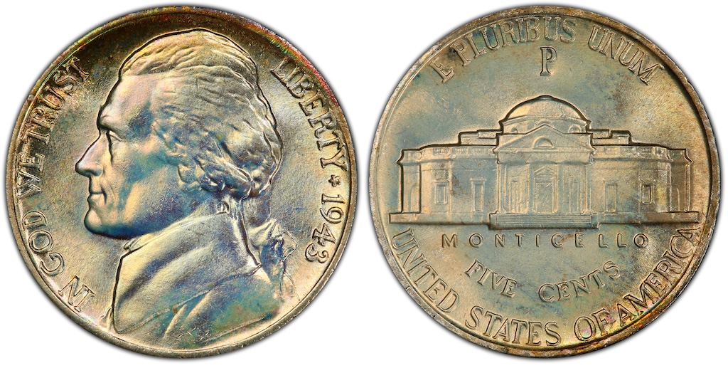 Side-by-side comparison of normal 1943 date versus the 1943/2-P overdate nickel, showing the hook beneath the numeral 3