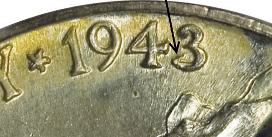 1943/2-P overdate nickel showing the hook at the bottom of the numeral 3, where the underlying 2 is visible