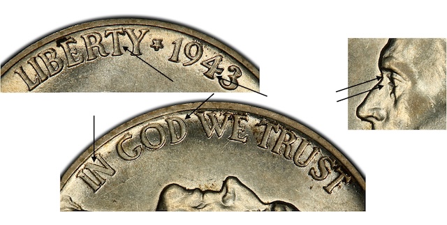 1943-P Doubled Die Obverse nickel close-up showing Jefferson's doubled left eye — the Doubled Eye variety