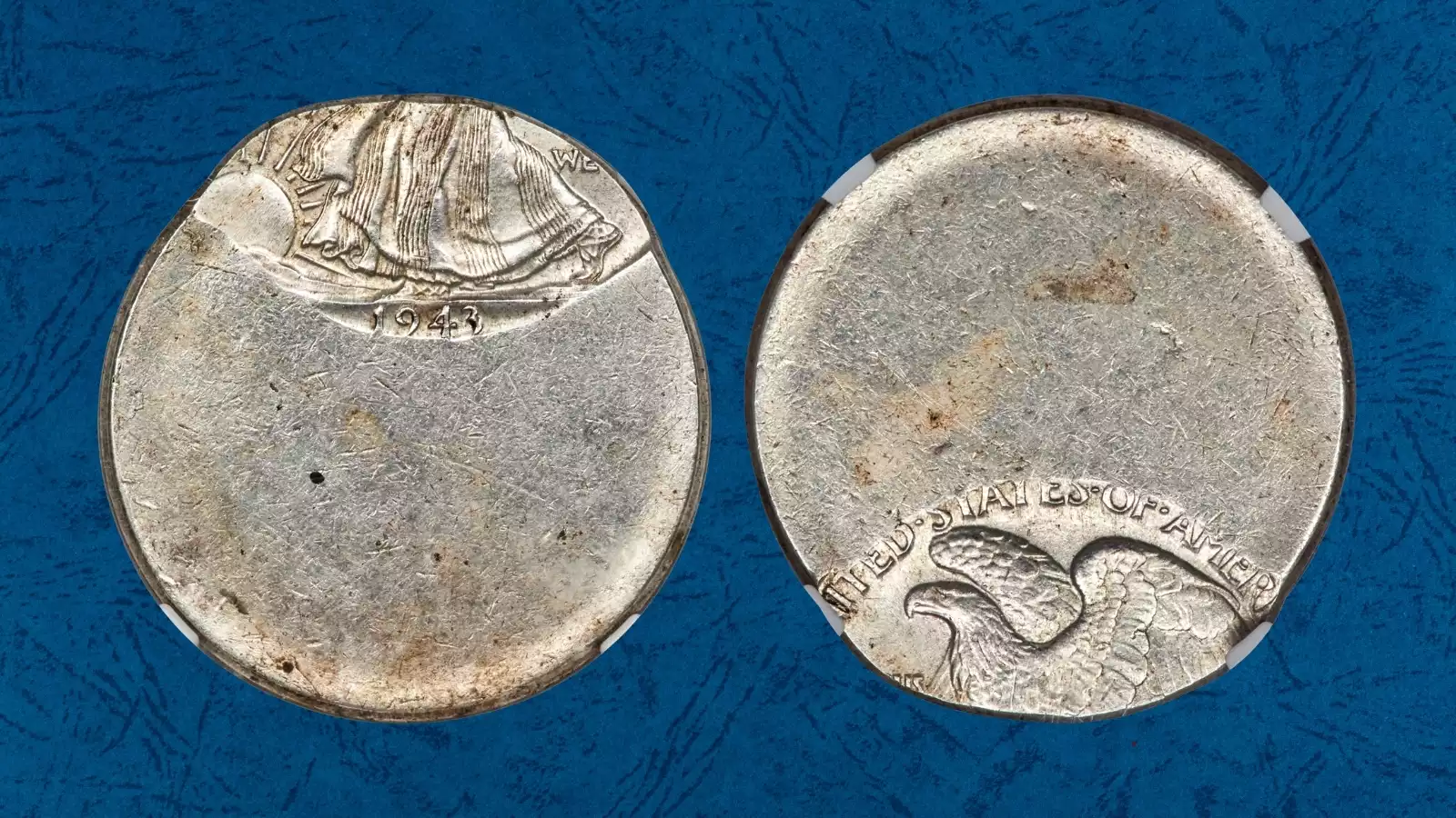 1943 war nickel off-center strike with design shifted to one side showing blank planchet area at the rim