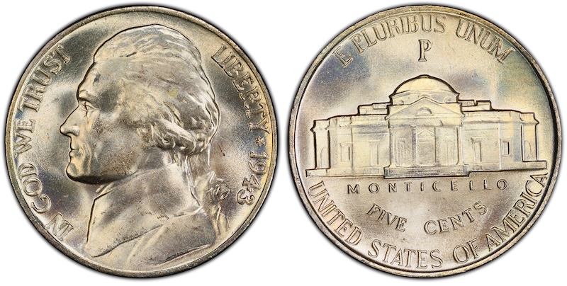 Group of 1943 war nickels from Philadelphia, Denver, and San Francisco mints arranged showing reverse with mint marks