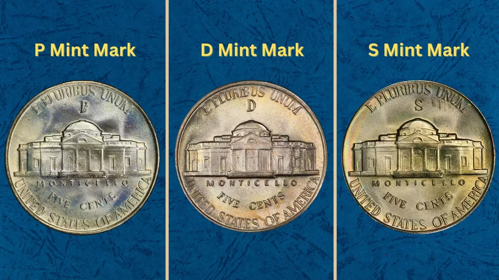 1943 nickel grading strip showing four condition tiers from heavily worn Good to full mint state MS side by side